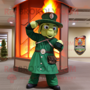 Forest Green Fire Fighter mascot costume character dressed with a Flare Jeans and Shawl pins