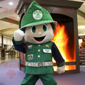 Forest Green Fire Fighter mascot costume character dressed with a Flare Jeans and Shawl pins