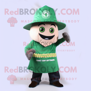 Forest Green Fire Fighter mascot costume character dressed with a Flare Jeans and Shawl pins