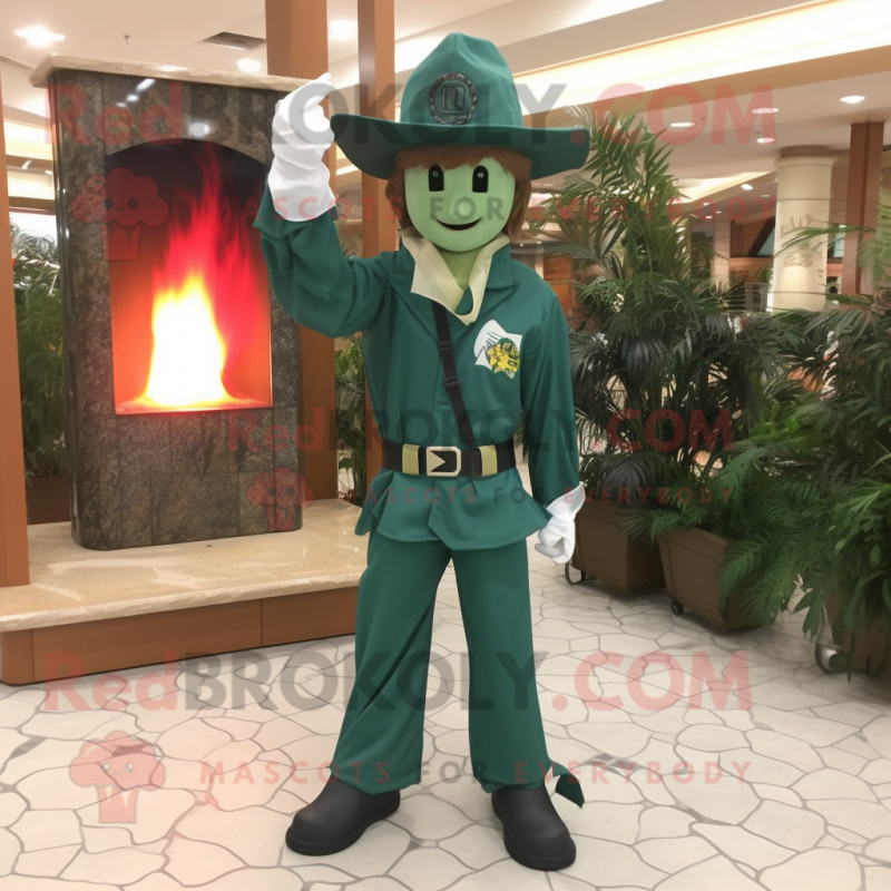 Forest Green Fire Fighter mascot costume character dressed with a Flare Jeans and Shawl pins