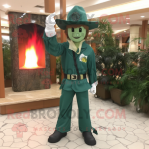 Forest Green Fire Fighter mascot costume character dressed with a Flare Jeans and Shawl pins