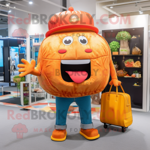 Orange Hamburger mascot costume character dressed with a Denim Shorts and Tote bags