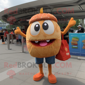 Orange Hamburger mascot costume character dressed with a Denim Shorts and Tote bags