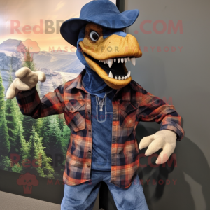 Navy Utahraptor mascot costume character dressed with a Flannel Shirt and Hat pins