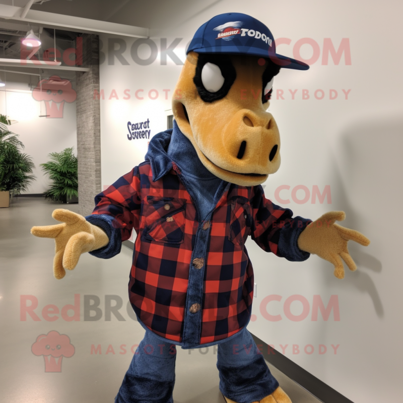 Navy Utahraptor mascot costume character dressed with a Flannel Shirt and Hat pins Navy Utahraptor mascot costume character dressed with a Flannel Shirt and Hat pins