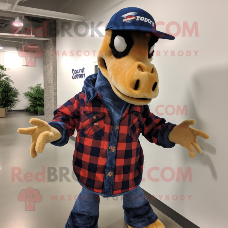 Navy Utahraptor mascot costume character dressed with a Flannel Shirt and Hat pins