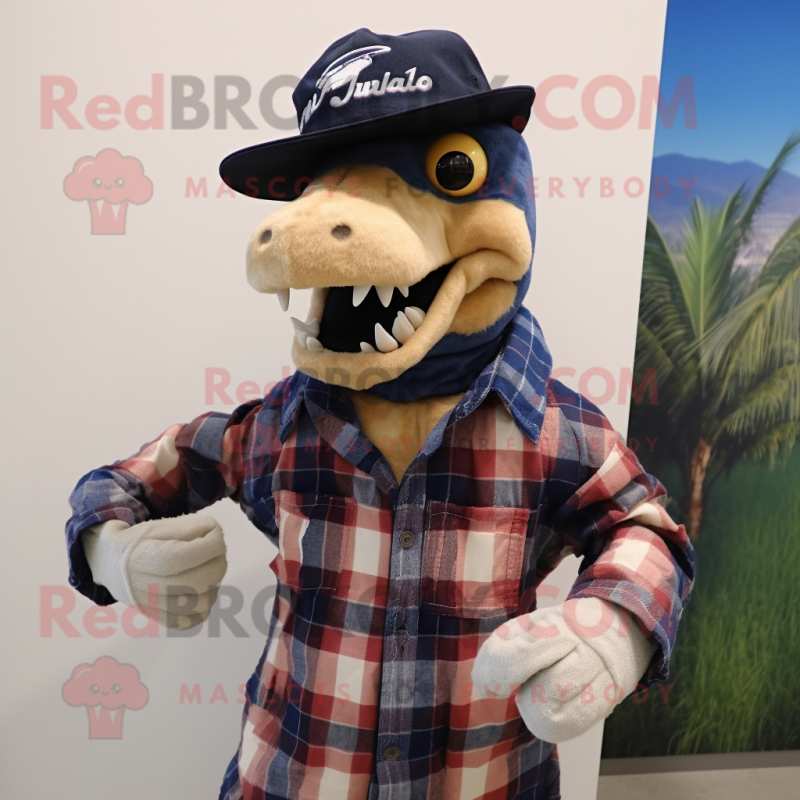 Navy Utahraptor mascot costume character dressed with a Flannel Shirt and Hat pins