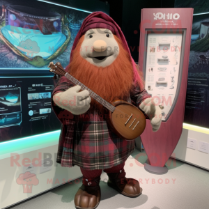 Maroon Celtic Harp mascot costume character dressed with a Flannel Shirt and Digital watches