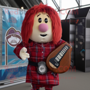 Maroon Celtic Harp mascot costume character dressed with a Flannel Shirt and Digital watches