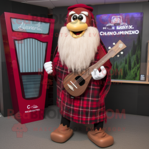 Maroon Celtic Harp mascot costume character dressed with a Flannel Shirt and Digital watches