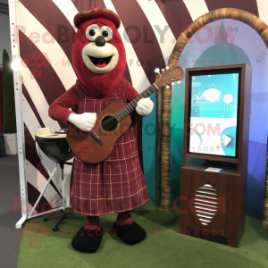 Maroon Celtic Harp mascot costume character dressed with a Flannel Shirt and Digital watches