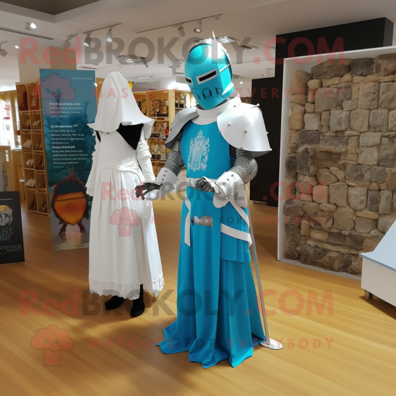 Cyan Medieval Knight mascot costume character dressed with a Wedding Dress and Brooches Cyan Medieval Knight mascot costume character dressed with a Wedding Dress and Brooches