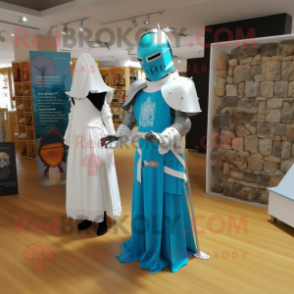 Cyan Medieval Knight mascot costume character dressed with a Wedding Dress and Brooches