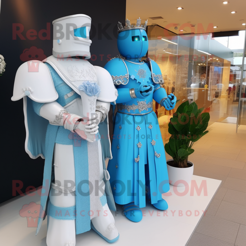 Cyan Medieval Knight mascot costume character dressed with a Wedding Dress and Brooches