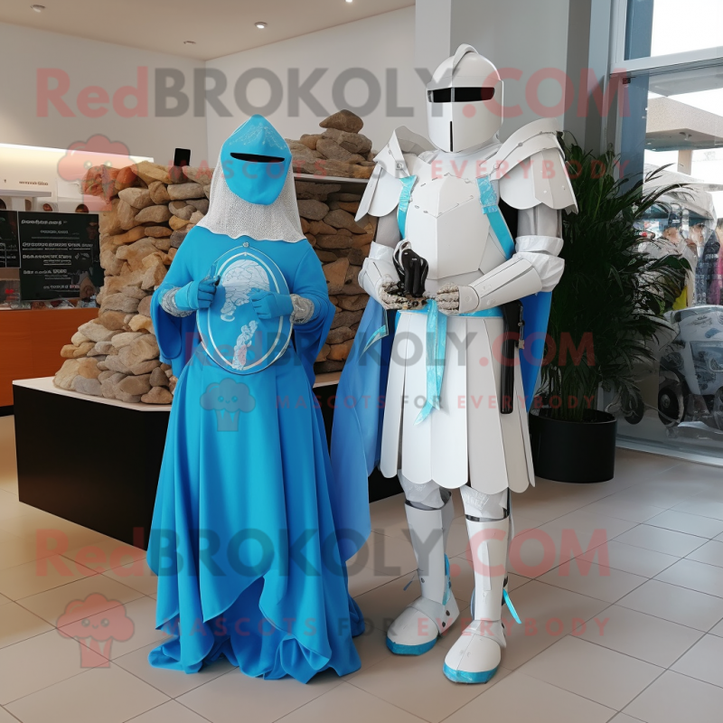 Cyan Medieval Knight mascot costume character dressed with a Wedding Dress and Brooches