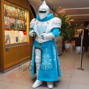 Cyan Medieval Knight mascot costume character dressed with a Wedding Dress and Brooches