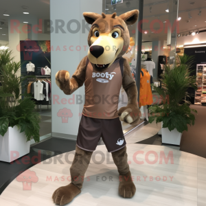 Brown Thylacosmilus mascot costume character dressed with a Running Shorts and Hair clips