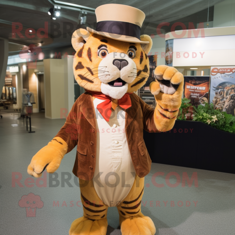 Tan Saber-Toothed Tiger mascot costume character dressed with a Dress and Hats