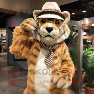 Tan Saber-Toothed Tiger mascot costume character dressed with a Dress and Hats