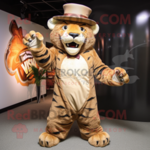 Tan Saber-Toothed Tiger mascot costume character dressed with a Dress and Hats