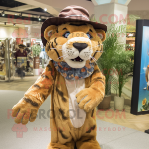 Tan Saber-Toothed Tiger mascot costume character dressed with a Dress and Hats