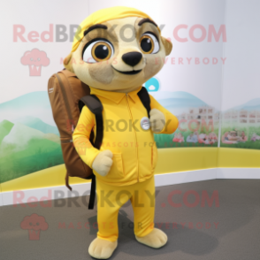 Lemon Yellow Meerkat mascot costume character dressed with a Jumpsuit and Backpacks