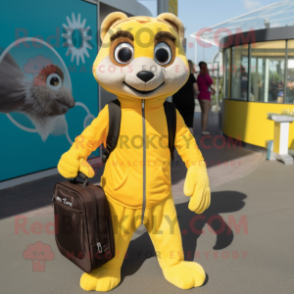 Lemon Yellow Meerkat mascot costume character dressed with a Jumpsuit and Backpacks