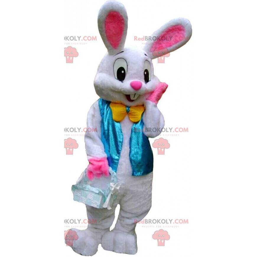 Mascotte de lapin blanc et rose avec un gilet bleu -