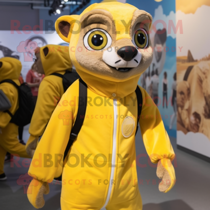 Lemon Yellow Meerkat mascot costume character dressed with a Jumpsuit and Backpacks