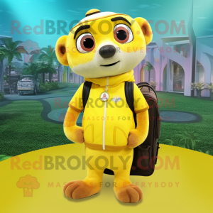 Lemon Yellow Meerkat mascot costume character dressed with a Jumpsuit and Backpacks