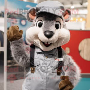 Gray Squirrel mascot costume character dressed with a Dungarees and Hat pins