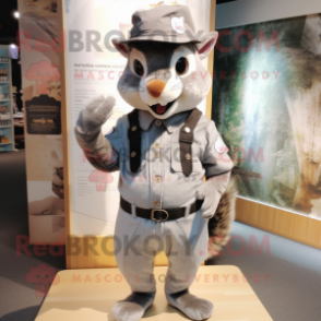 Gray Squirrel mascot costume character dressed with a Dungarees and Hat pins