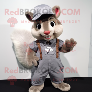Gray Squirrel mascot costume character dressed with a Dungarees and Hat pins