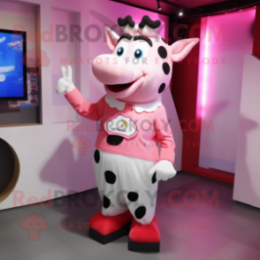 Pink Cow mascot costume character dressed with a Poplin Shirt and Shoe clips