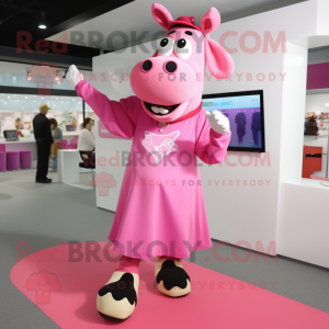 Pink Cow mascot costume character dressed with a Poplin Shirt and Shoe clips