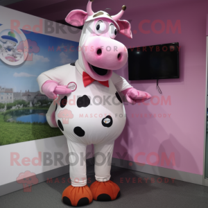 Pink Cow mascot costume character dressed with a Poplin Shirt and Shoe clips