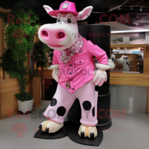 Pink Cow mascot costume character dressed with a Poplin Shirt and Shoe clips