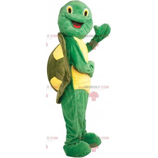 Green and yellow turtle mascot, green animal costume -