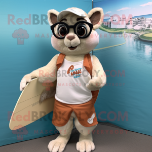 Cream Flying Squirrel mascot costume character dressed with a Board Shorts and Reading glasses