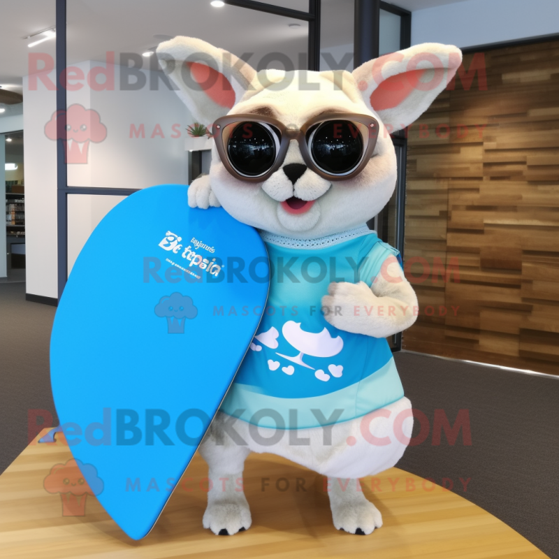 Cream Flying Squirrel mascot costume character dressed with a Board Shorts and Reading glasses