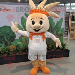 Beige Carrot mascot costume character dressed with a Dungarees and Headbands