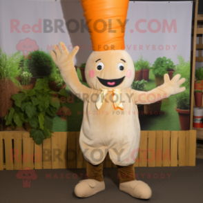 Beige Carrot mascot costume character dressed with a Dungarees and Headbands