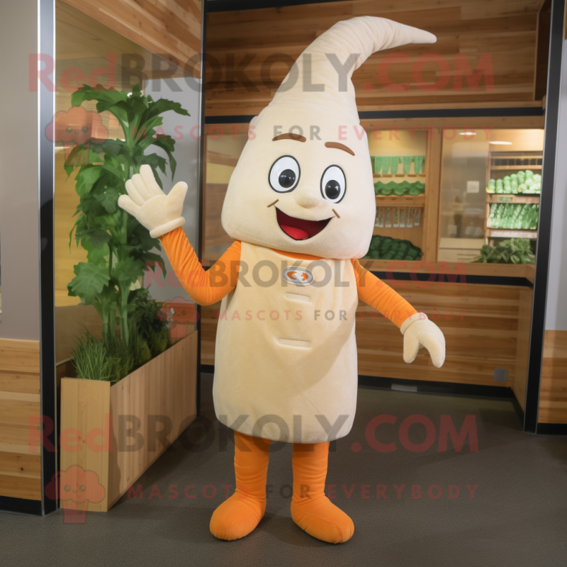 Beige Carrot mascot costume character dressed with a Dungarees and Headbands