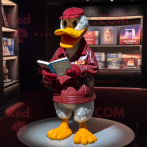 Maroon Duck mascot costume character dressed with a Leather Jacket and Reading glasses