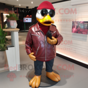 Maroon Duck mascot costume character dressed with a Leather Jacket and Reading glasses