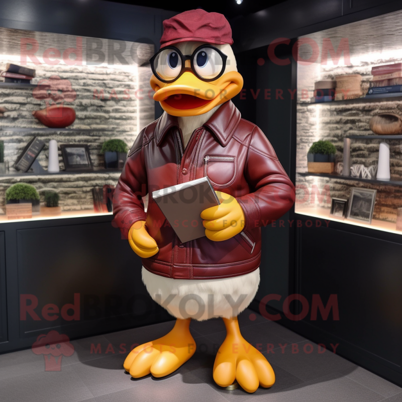 Maroon Duck mascot costume character dressed with a Leather Jacket and Reading glasses