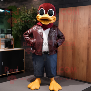 Maroon Duck mascot costume character dressed with a Leather Jacket and Reading glasses