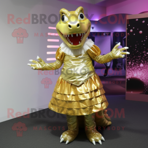 Gold Crocodile mascot costume character dressed with a Skirt and Gloves