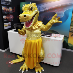 Gold Crocodile mascot costume character dressed with a Skirt and Gloves