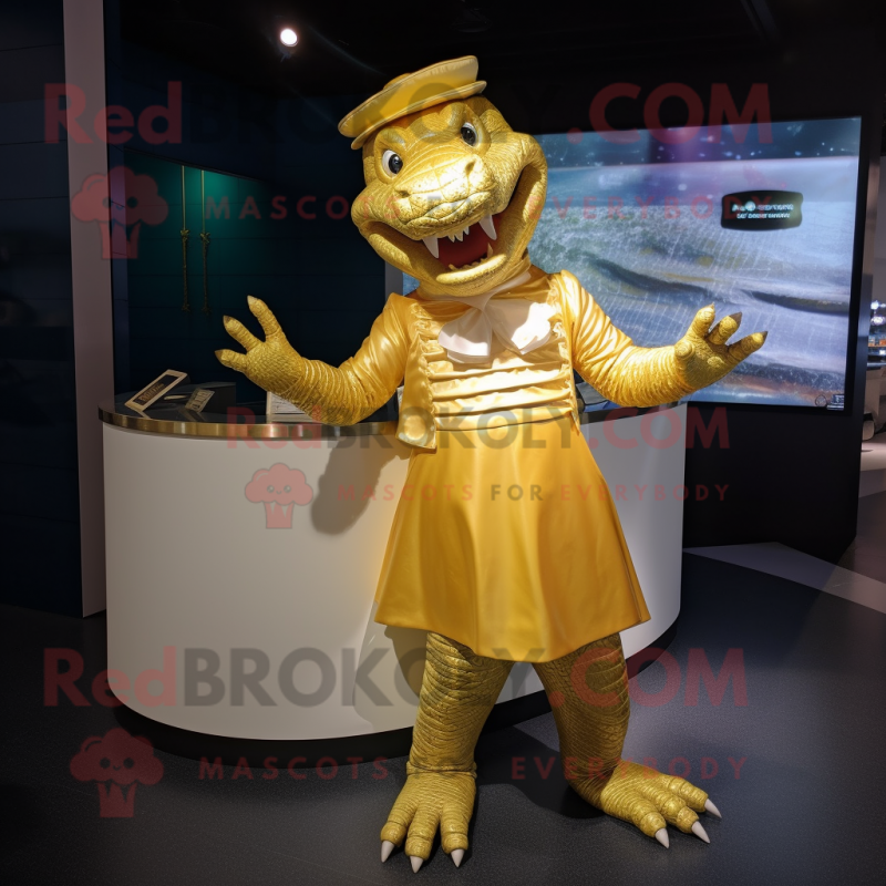 Gold Crocodile mascot costume character dressed with a Skirt and Gloves Gold Crocodile mascot costume character dressed with a Skirt and Gloves